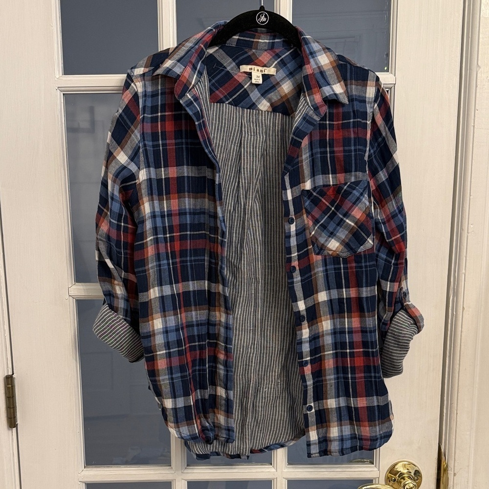 MIAMI Women's Blue & Red Plaid Button Down Cuffed Sleeved Top Size M